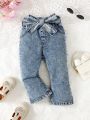 Baby Girls' Water Washed Bell Bottom Jeans With Flower Bud Belt