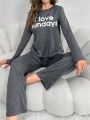 Women's Simple Printed Solid Long Sleeve Pajamas Set