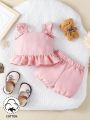 SHEIN Baby Girl Pink Woven Short Flutter Sleeve Cute Elegant Romantic Daily Casual Outfit, Spring/Summer