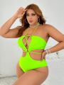 SHEIN Swim SXY Plus Size Cut Out Halter One-Piece Swimsuit With Circular Decoration