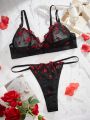 Women'S Embroidered Mesh Lingerie Set, Valentine'S Day Collection