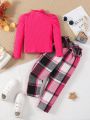 SHEIN Kids SUNSHNE New Arrival Girls' Bubble Sleeve Shoulder Plaid Blouse With Belt And Straight Leg Pants Set