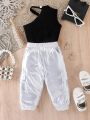 Baby Girl Solid Color Vest And Silver Drawstring Waist Pants Set For Street Style, Summer