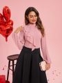 SHEIN Clasi Women  Valentine's Day  Stand Collar Lace Decorated Lantern Sleeve Pink Shirt