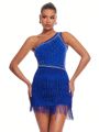 SHEIN BAE Sexy Blue Tassel One Shoulder Rhinestone Sparkling Mini Dress For Valentine's Day Date Night Or Party