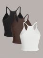 3pcs Solid Color Ribbed Athletic Tank Tops With Striped Details