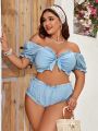 SHEIN Swim Mod Plus Size Solid Color Hollow Out Embroidery Bikini Set