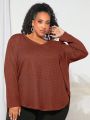 SHEIN CURVE+ Plus Size V-neck Waffle Pattern Long Sleeve T-shirt