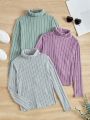 SHEIN Kids EVRYDAY Tween Girls' Knitted Solid Color High Neck Casual T-Shirt, 3pcs/Set