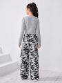 SHEIN Teen Girl Solid Tee & Camo Print Wide Leg Pants