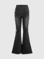 Fairycore Women's Flare Jeans With Frayed Hem And Star Print