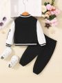SHEIN Letter Embroidery Long Sleeve Baseball Jacket + Long Pants Baby Girls' Outfit