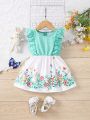 Simple & Cute Bunny & Butterfly Printed Ruffle Trim Dress For Baby Girl