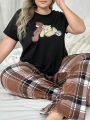 Plus Size Cartoon Printed Short-Sleeved T-Shirt And Plaid Pants Pajamas Set