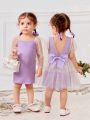 SHEIN Baby Girls' Casual Knitted Polka Dot Mesh Splice Long Sleeve Dress & Short Sleeve Dress Set