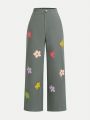 SHEIN Kids HYPEME Teen Girls' Floral Printed Fashionable Woven Wide Leg Pants With Loose Fit