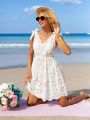 SHEIN Swim Mod Tied Shoulder Eyelet Embroidery Sleeveless Cover Up Dress