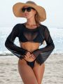 SHEIN Swim Basics Women'S Sheer Mesh Long Sleeve Cover Up