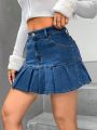 Pleated Hem Denim Skirt