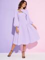 Oxana Solid Woven Lantern Sleeve Elegant Dress