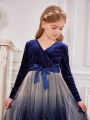 SHEIN Kids CHARMNG Tween Girl 1pc Ombre Mesh Overlay Belted Velvet Dress