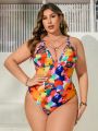 SHEIN Swim Vcay Plus Size Hollow Out Print One Piece Swimsuit