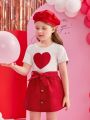 SHEIN Kids EVRYDAY Toddler Girls' 2pcs/Set Heart Embroidery Hoodie With Hat And Bowknot Design Pants, Fashionable And Cute Casual Outfit