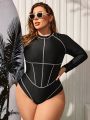 SHEIN Swim SPRTY Plus Size Women'S Raglan Sleeve One Piece Swimsuit