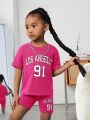 SHEIN Kids Cooltwn Young Girl Letter Graphic Drop Shoulder Tee & Shorts