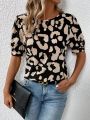 SHEIN LUNE Women's Leopard Print Back Lace Splice Shirt