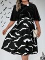 Plus Bat Print Contrast Mesh Dress