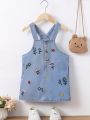 Toddler Girls' Vacation & Leisure Blue Denim Overall Dress With Floral Embroidery