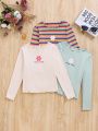 SHEIN Kids QTFun Tween Girls' Knitted Solid Color Flower Pattern Round Neck Slim Fit Cute T-Shirt 3pcs/Set