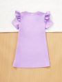 SHEIN Kids EVRYDAY Little Girls' Knitted Loose Fit Casual Dress With Cat Pattern And Round Neckline