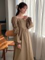 FRIFUL Women's Khaki Lantern Sleeve Dress