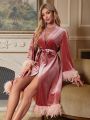 Fuzzy Trim Belted Velvet Robe