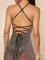 Mienne Lace Up Backless Sequin Flare Leg Mesh Cami Jumpsuit