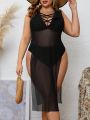 SHEIN Swim Basics Plus Size Cross Front High Split Mesh Cover Up With Side Slit Detail