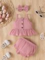 SHEIN Newborn Baby Girls' Summer Solid Color Short Camisole And Shorts 2pcs/Set