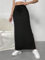 SHEIN Essnce Women'S Spring Black Side Split Drawstring Waist Skirt