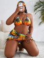 SHEIN Swim Vcay Plus Size Tropical Print Ombre Swimsuit 4pcs Set