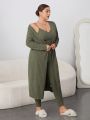 SHEIN Essnce Plus Size Women'S Drop Shoulder Long Sleeve Ribbed Coat And Cami Jumpsuit Set