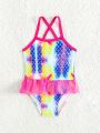 SHEIN Baby Girl's Gradient Fish Scale Pattern Mesh Ruffled One-Piece Swimwear