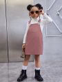 SHEIN Kids Cooltwn Young Girl Mock Neck Tee & Pocket Patched Overall Dress