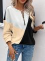 Contrast Color Zippered Long-Sleeved Sweatshirt