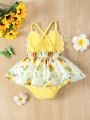 Infant Girls' Butterfly & Flower Printed Patchwork Romper Dress For Summer