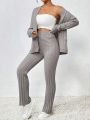 SHEIN Essnce 2pcs/set Ribbed Solid Knitted Sweater Cardigan Set