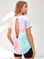 Tie Dye Cut Out Back Curved Hem Sports Tee