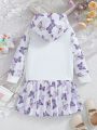 SHEIN Kids Y2Kool Toddler Girls' Hooded Unicorn & Butterfly Printed Dress