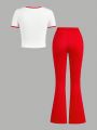 Teen Girl's Letter & Heart Printed Short Sleeve T-Shirt And Bell Bottoms Pants Set